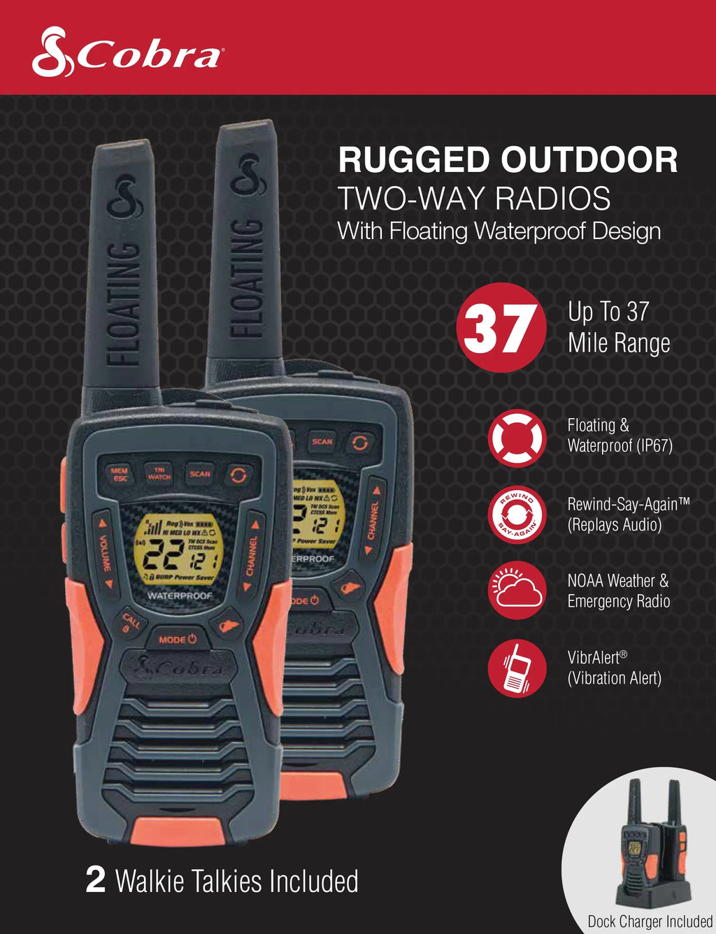 Talkies ACXT1037R- 37-mile (2-Pack) Two-Way Cobra Range Radios Rechargeable Walkie Floating, -