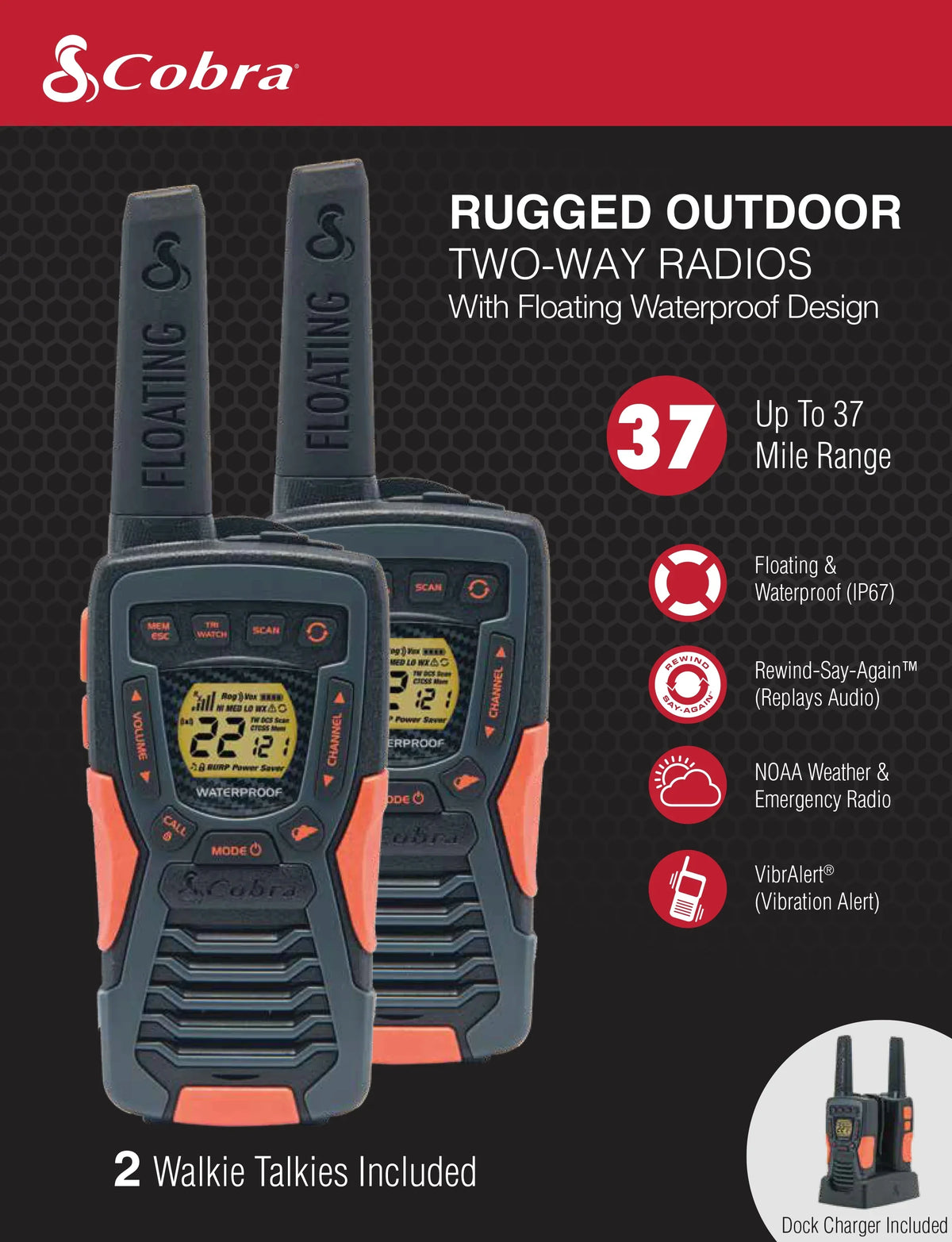 Talkies ACXT1037R- 37-mile (2-Pack) Two-Way Cobra Range Radios Rechargeable Walkie Floating, -