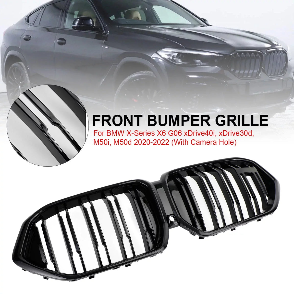 Black Fit Grille M50i Bumper W/Camera Front G06 for Grill 2020-2022 Hole X6