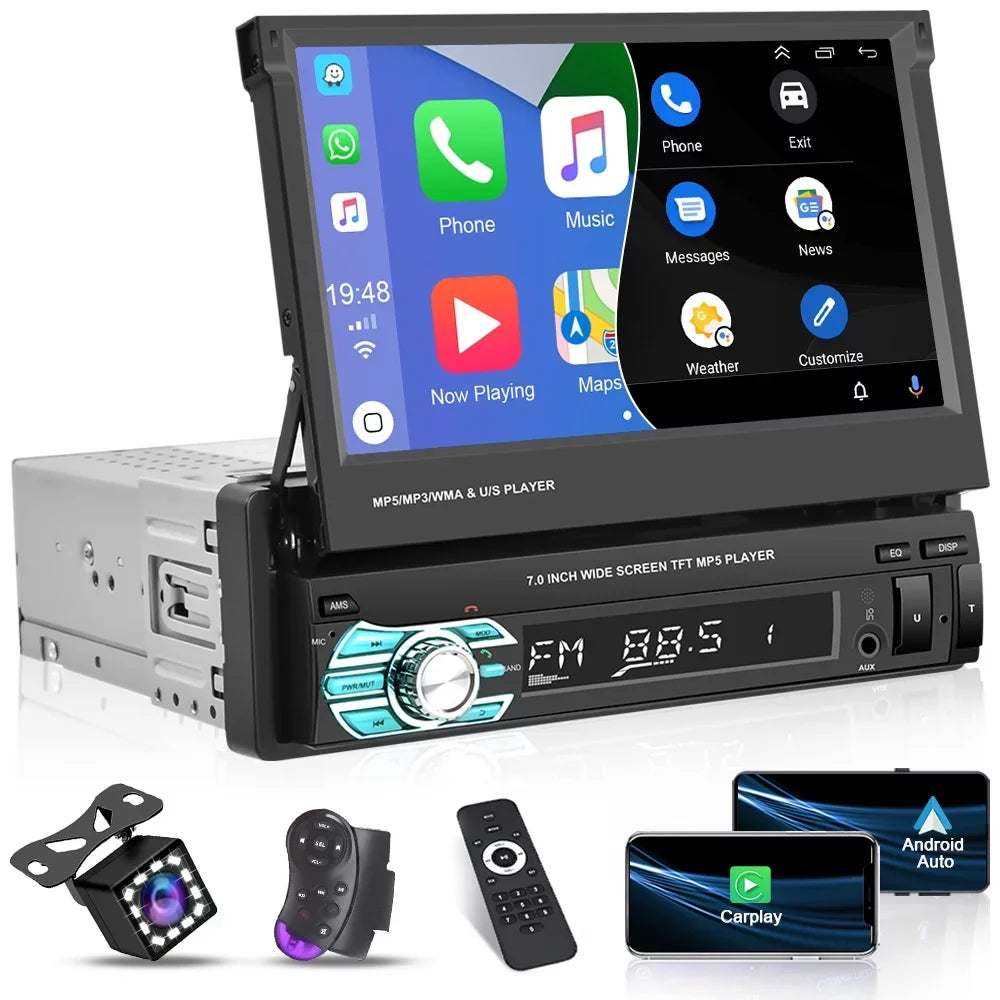 Retractable Function, Apple Auto Carplay Radio Link 7" Touchscreen Stereo Camera Player Car Video with Single Mirror Backup Android Bluetooth Universal 1 Podofo 12 Auto