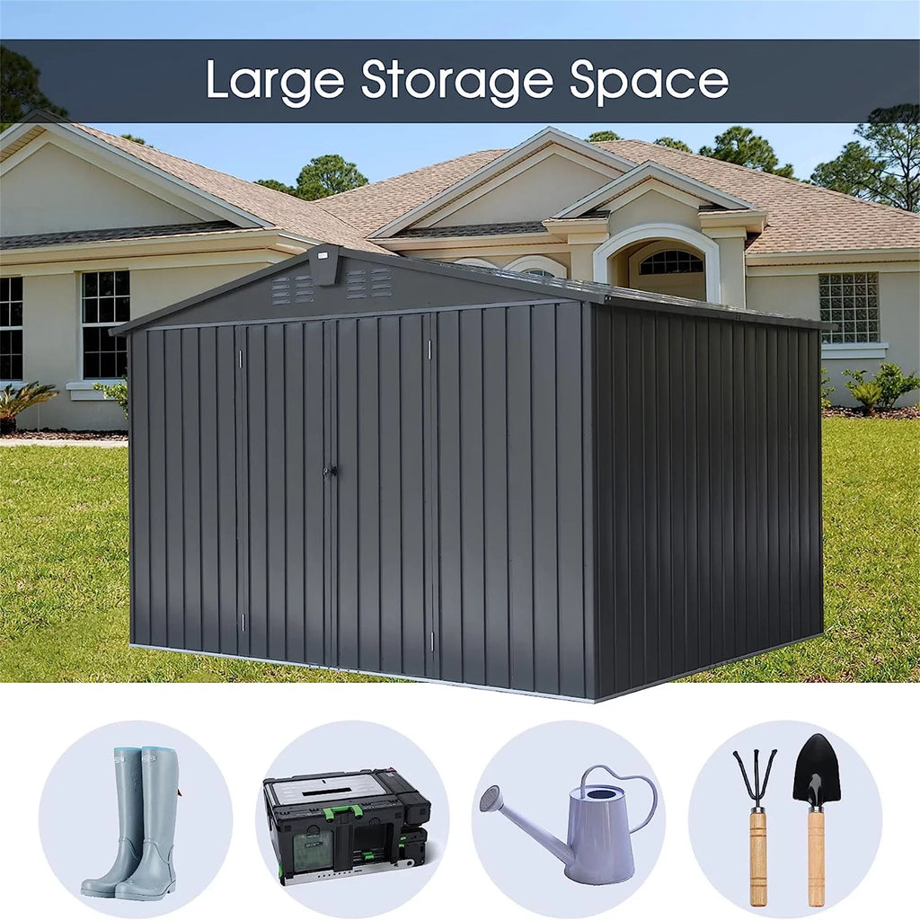 10'X Outdoor Door Tools, Shed Outdoor Storage Trash with 8', Can, Patio, for for CoSoTower Steel Cabinet Galvanized Metal Lawn Bike, Lockable Black) (10X8ft, Storage Shed Garden Backyard,