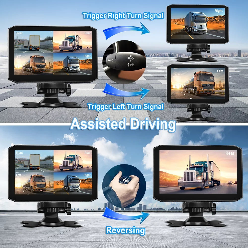Van 2 Cam 7.0'' & Backup Screen Semi 4CH Display , Dash 1080P Sides Infrared Truck Power Vision Monitor Voltage Rear for , Trailer Tractor Lens, Split Cameras, Night & Front Camera