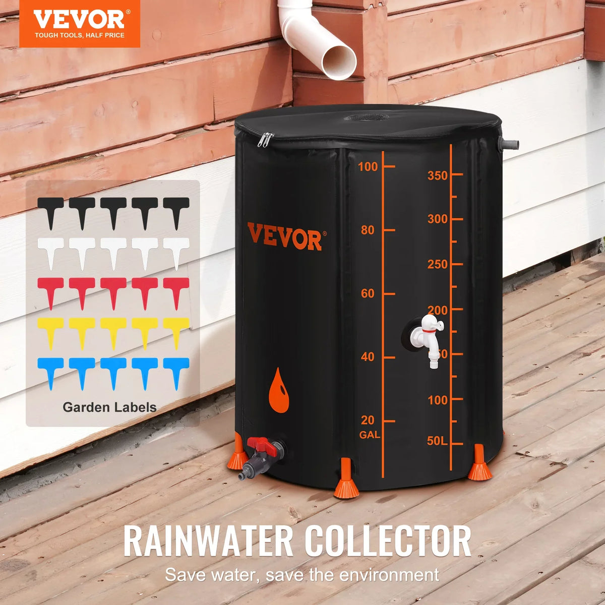 Rain Overflow Barrel, Large Capacity, System Collapsible Storage 100 Gallon and Collection Kit, Portable Container Spigots Tank Moisture Including Rainwater