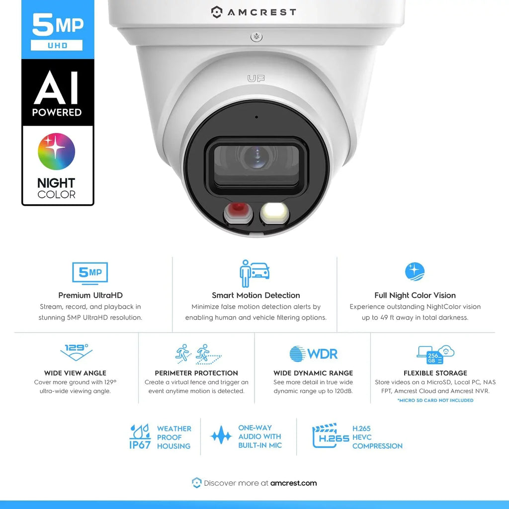 129° & Turret , Built-in Microphone, Human 164ft Nightvision, Security IP5M-T1277EW- 5MP@20fps Camera Amcrest w/ PoE Camera Detection, Vehicle Outdoor,