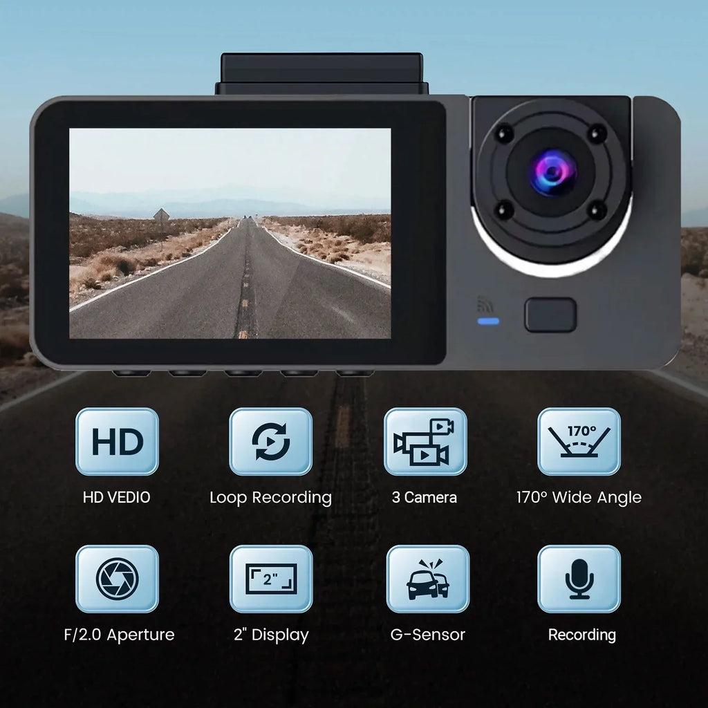 Cam, Loop Camera, Way Rear Three Inside Dash Triple Monitor, Cam Car Parking Driving G-Sensor, Vision, Cars, Night 1080P Backup Channel for Hanru Recorder, Dash 170°, Front 3 Recording,