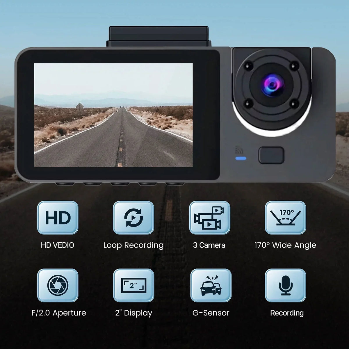 Cam, Loop Camera, Way Rear Three Inside Dash Triple Monitor, Cam Car Parking Driving G-Sensor, Vision, Cars, Night 1080P Backup Channel for Hanru Recorder, Dash 170°, Front 3 Recording,