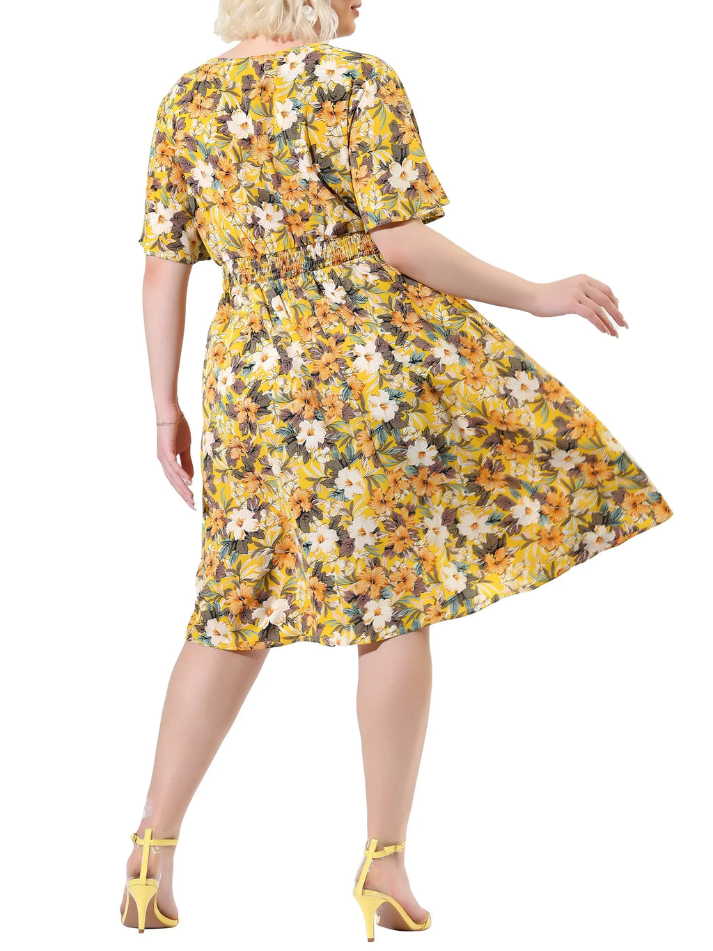 3X Plus Print V Neck Yellow Casual Sleeve Midi Juniors' Dress Flare Floral