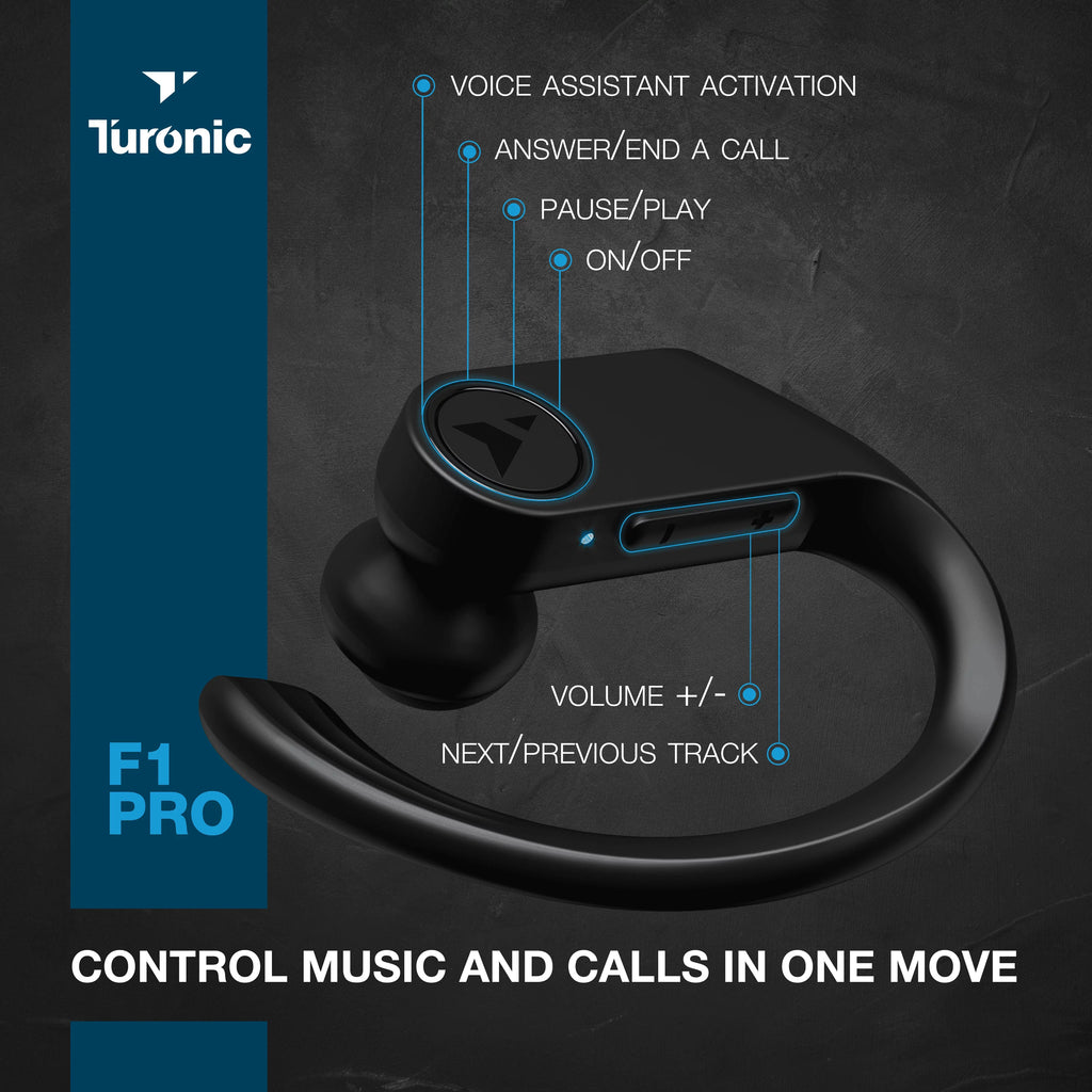 Earhook - for Charging Pro F1 Turonic Earbuds Headphones IPX7 Wireless Wireless True - 45H Running, Mic, Gym, case, with Sport w/Microphone Black Workout Playtime, - - Earphones Bluetooth Moistureproof