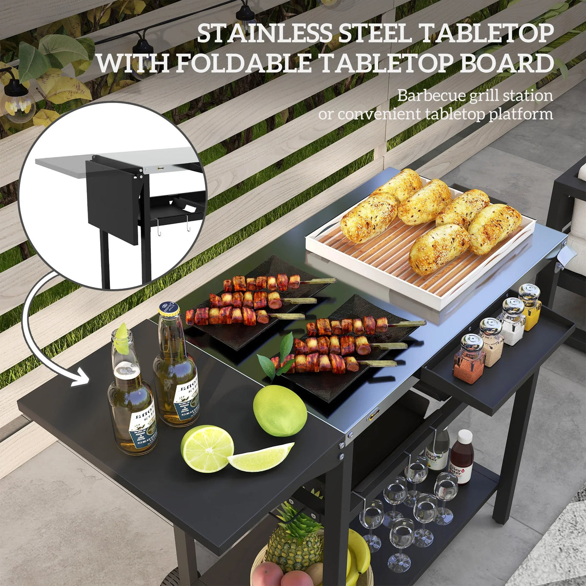 & & Tabletop, Shelf, Wheels, Bag Jars, with Outdoor Serving Hooks, Patio with Tiers Garbage with Island Cart 2 Spice Kitchen Seasoning Plates Stainless Towel Black & Bar Cart Holder, Steel