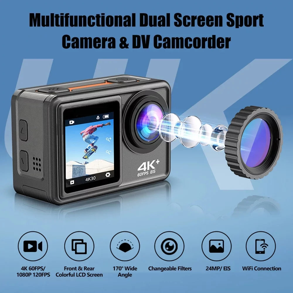 Macro Dual Remote 4K Screen Lens 24MP Wide Screen Moistureproof WiFi Sports 40m with 170° Inch Angle GoolRC Sport for 2.0 Control