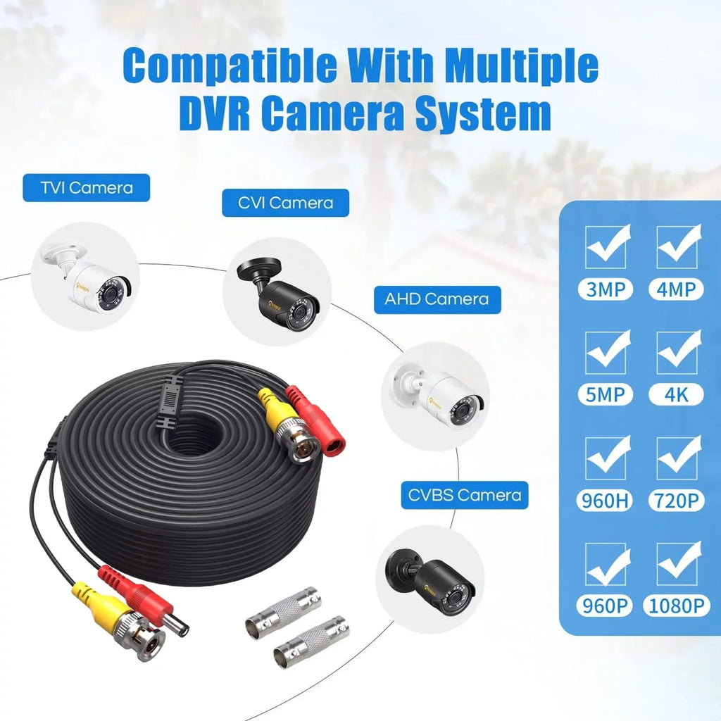 Power Camera 100 Security 4 K- and Black feet Cable Universal Pack Pre-Made Video Cord of Wire 2-in-1 Siamese