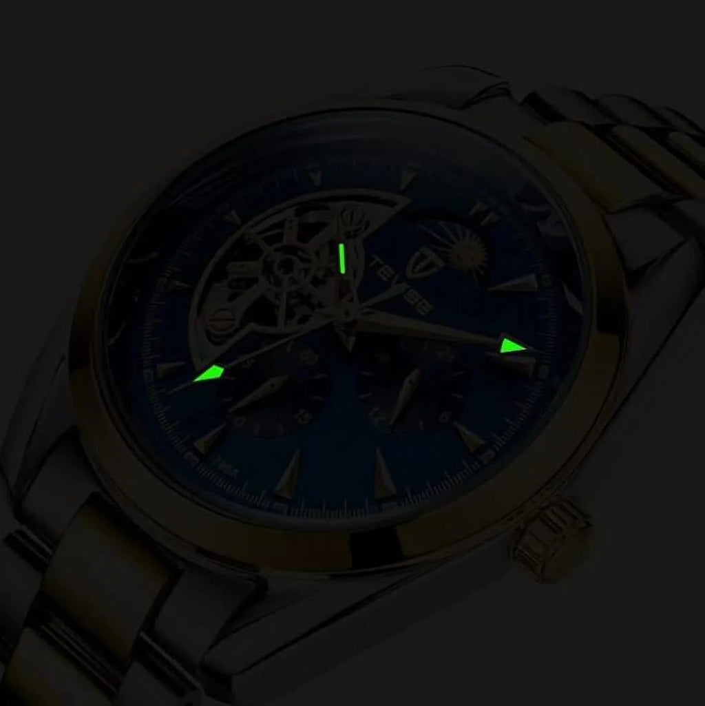 Tourbillon Moistureproof Watch Phase Stainless Black Men's Chronograph Mechanical Gift Automatic Gift Moon Band Face Steel Graduation Him Best Luminous for