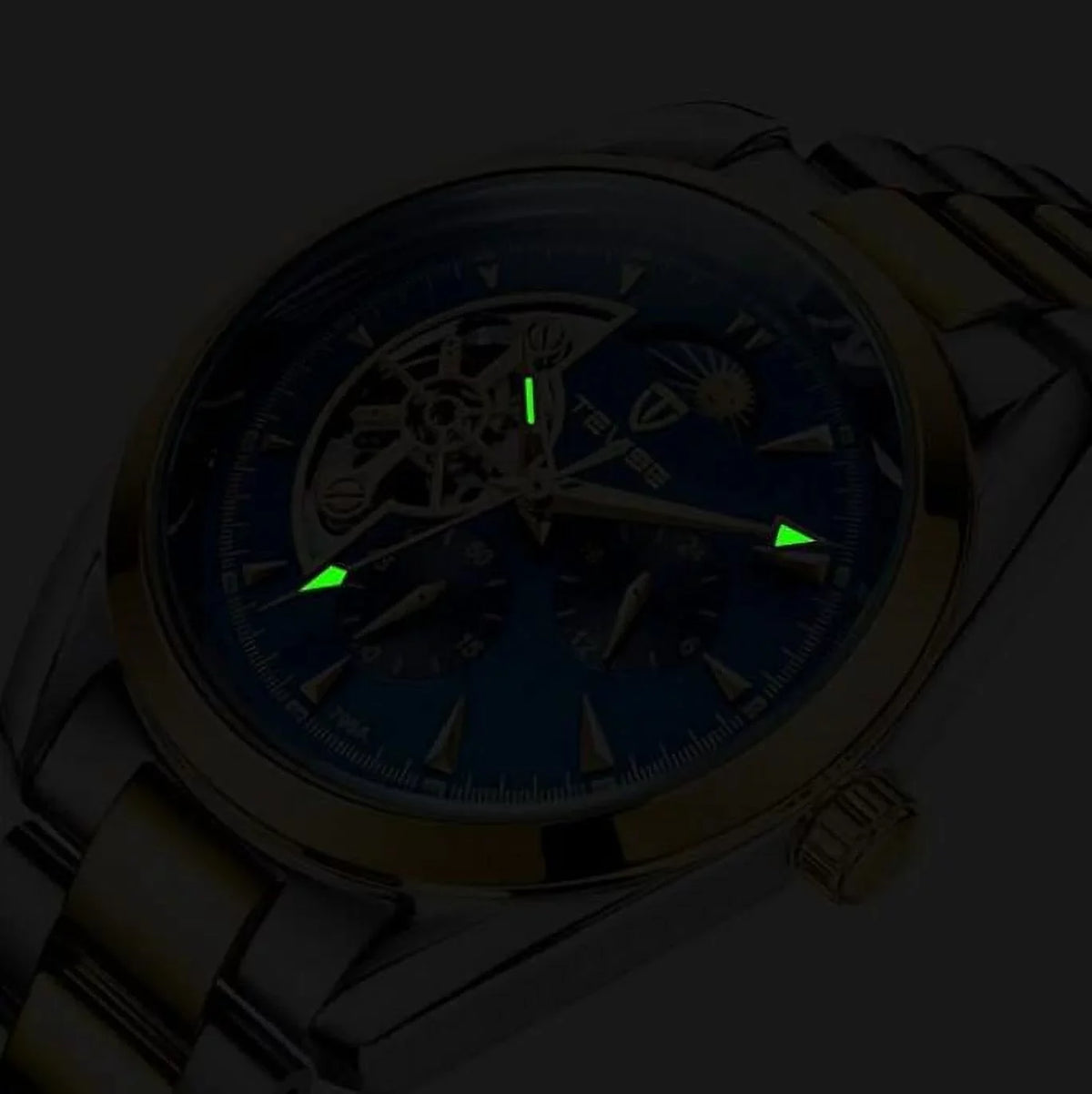 Tourbillon Moistureproof Watch Phase Stainless Black Men's Chronograph Mechanical Gift Automatic Gift Moon Band Face Steel Graduation Him Best Luminous for