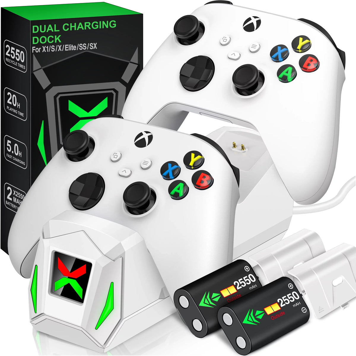 with 2x2550mAh Station Packs Xbox Rechargeable Xbox Controller Battery Charging Dock Charger,Xbox One/Series for Accessories-White Controller X|S