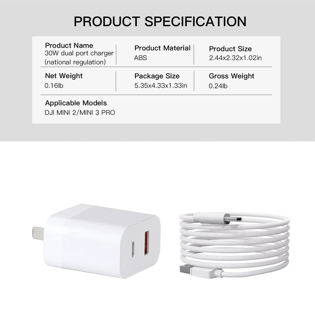 30W Dual-Port Parts Pro Type-C with Charging Cable 2/Mini for Mini 3 Charger Charging
