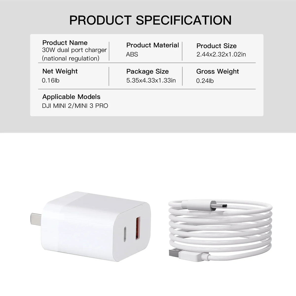 30W Dual-Port Parts Pro Type-C with Charging Cable 2/Mini for Mini 3 Charger Charging