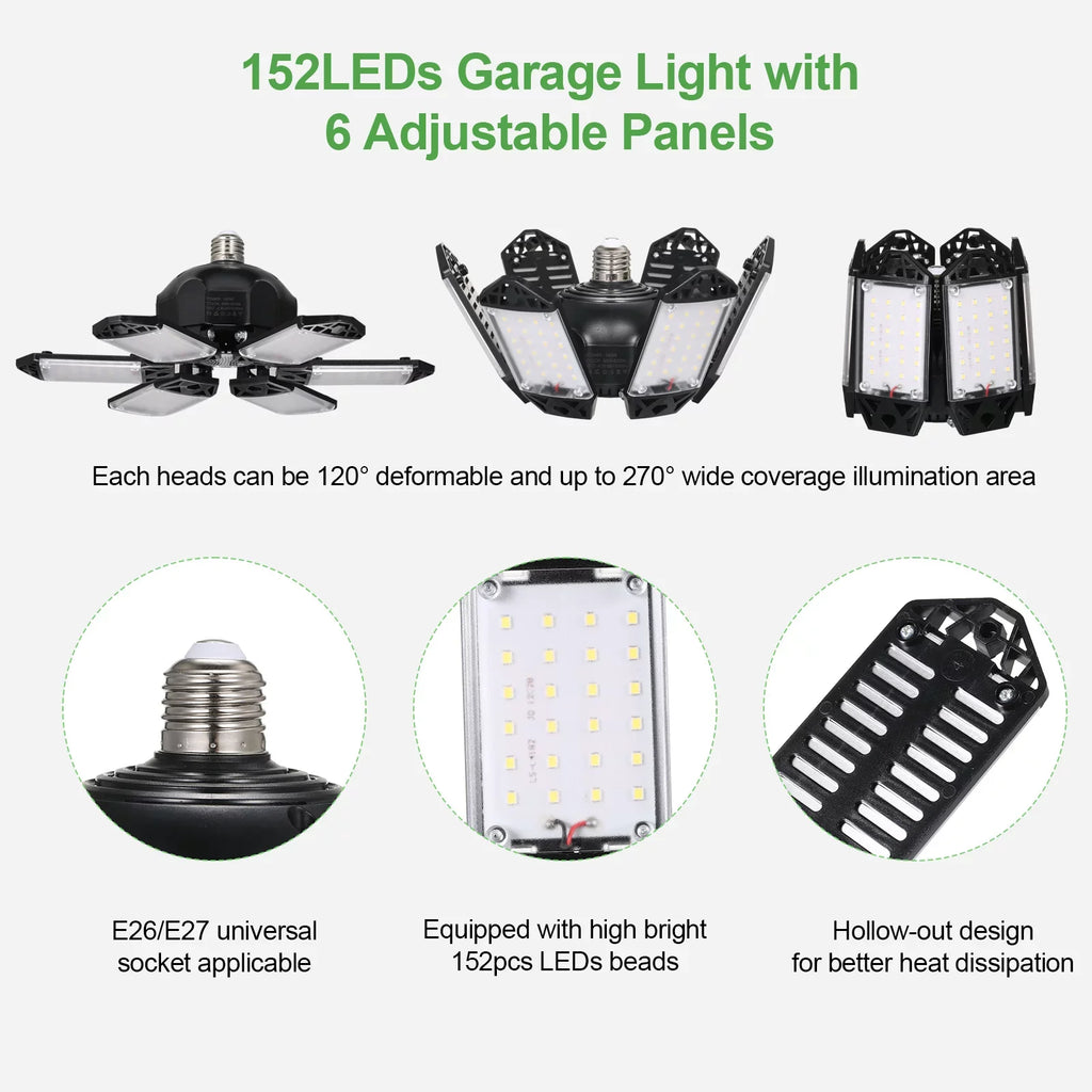 Folding Base with Deformable Adjustable 160W A Workshop 152LEDs 6 Light Basement Garage Gym Kit Ceiling Garage C85-265V Holder Lamp Panels Warehouse 2PCS Neoglint for Foldable Socket E26/E27