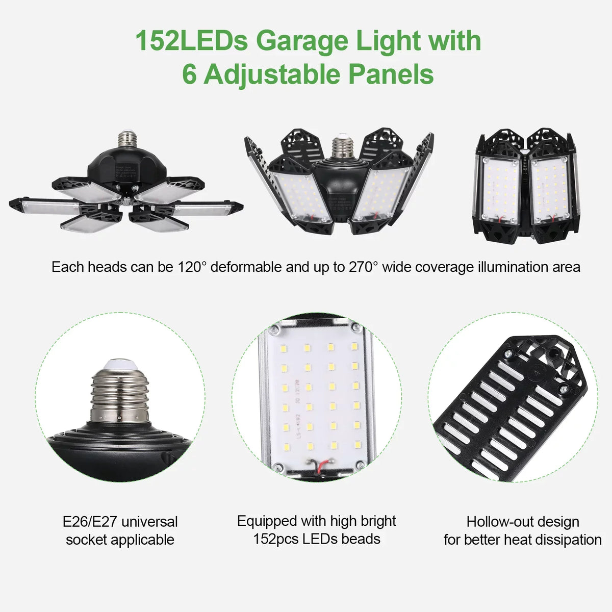 Folding Base with Deformable Adjustable 160W A Workshop 152LEDs 6 Light Basement Garage Gym Kit Ceiling Garage C85-265V Holder Lamp Panels Warehouse 2PCS Neoglint for Foldable Socket E26/E27