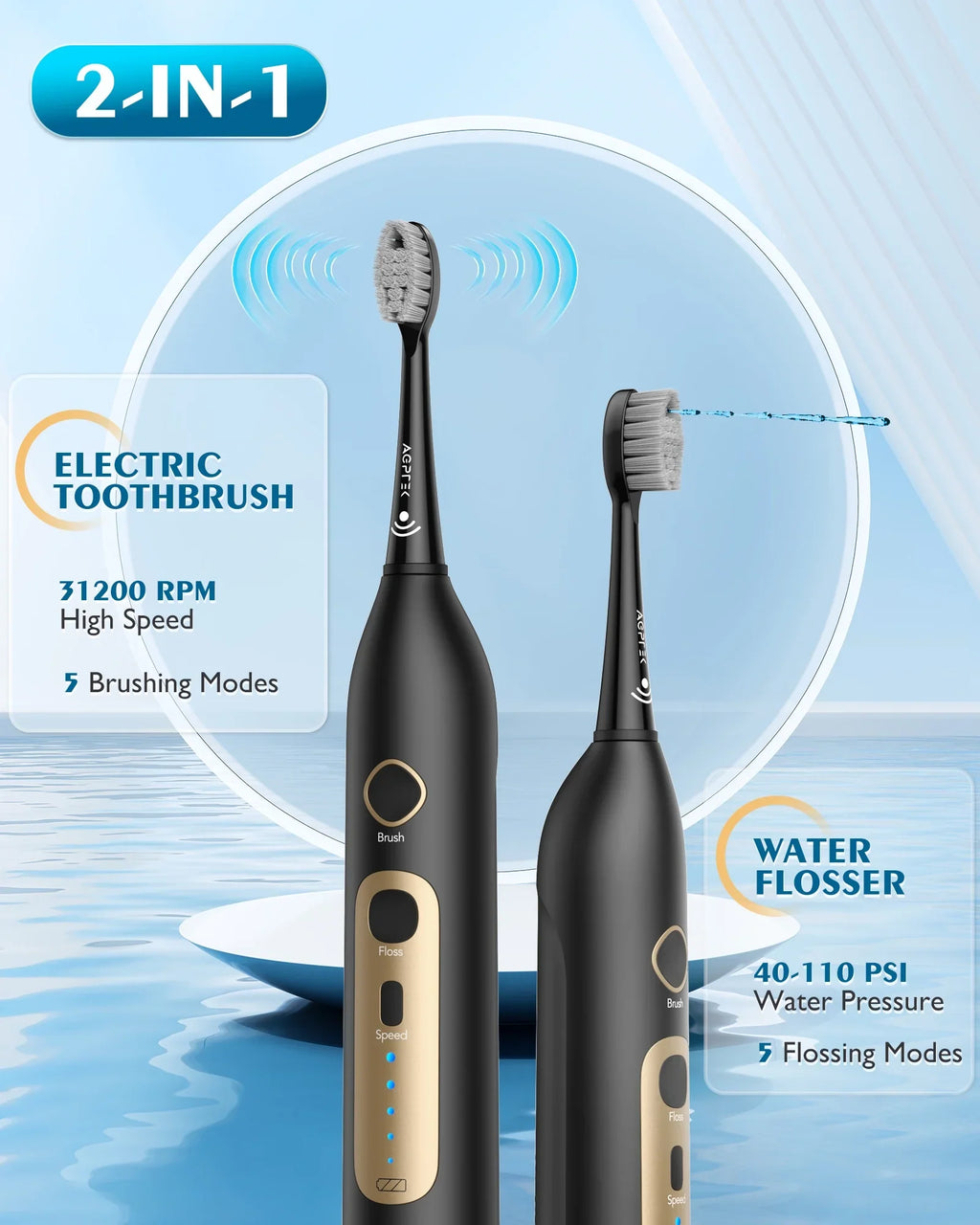 Levels Moisture Life, IPX7 Teeth, 2 5 Toothbrush Moistureproof 500ML, Gums, Toothbrush Moisture Sonic Cordless 14 - Days Flosser & Battery Electric Flosser for Combo, Braces with in 1 and