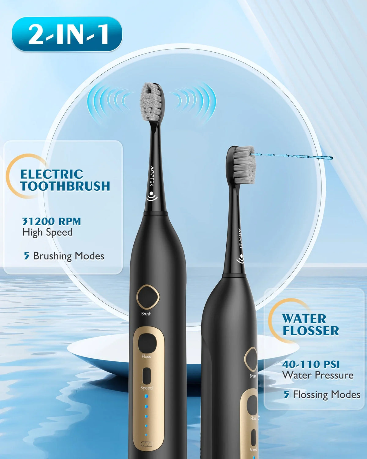 Levels Moisture Life, IPX7 Teeth, 2 5 Toothbrush Moistureproof 500ML, Gums, Toothbrush Moisture Sonic Cordless 14 - Days Flosser & Battery Electric Flosser for Combo, Braces with in 1 and