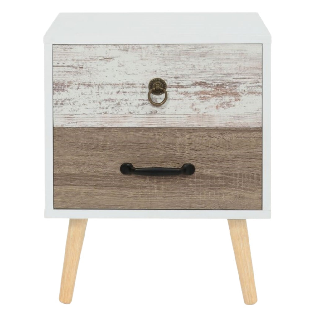 Moderner Nachttisch mit zwei Schubladen, Holzoptik und Beinen aus Naturholz