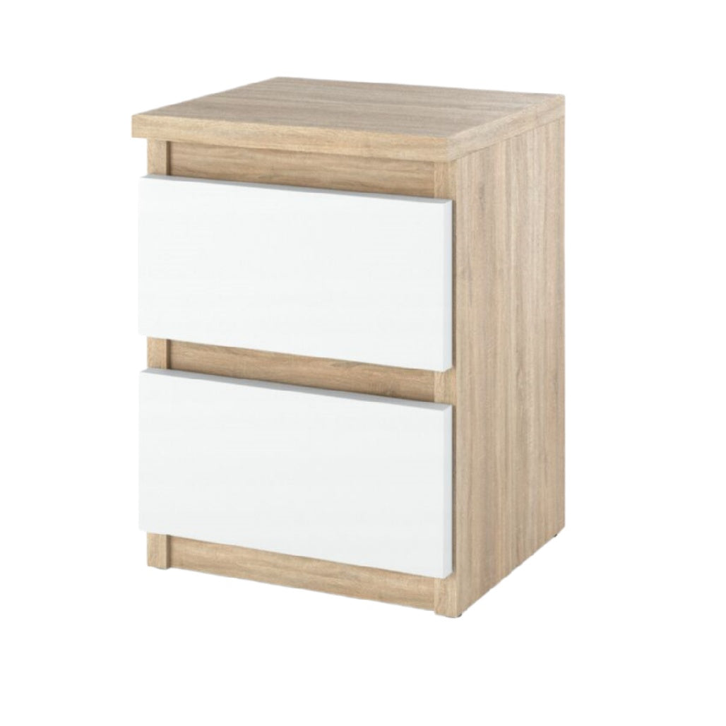 Nachttisch mit zwei Schubladen aus Holz und weißen Fronten