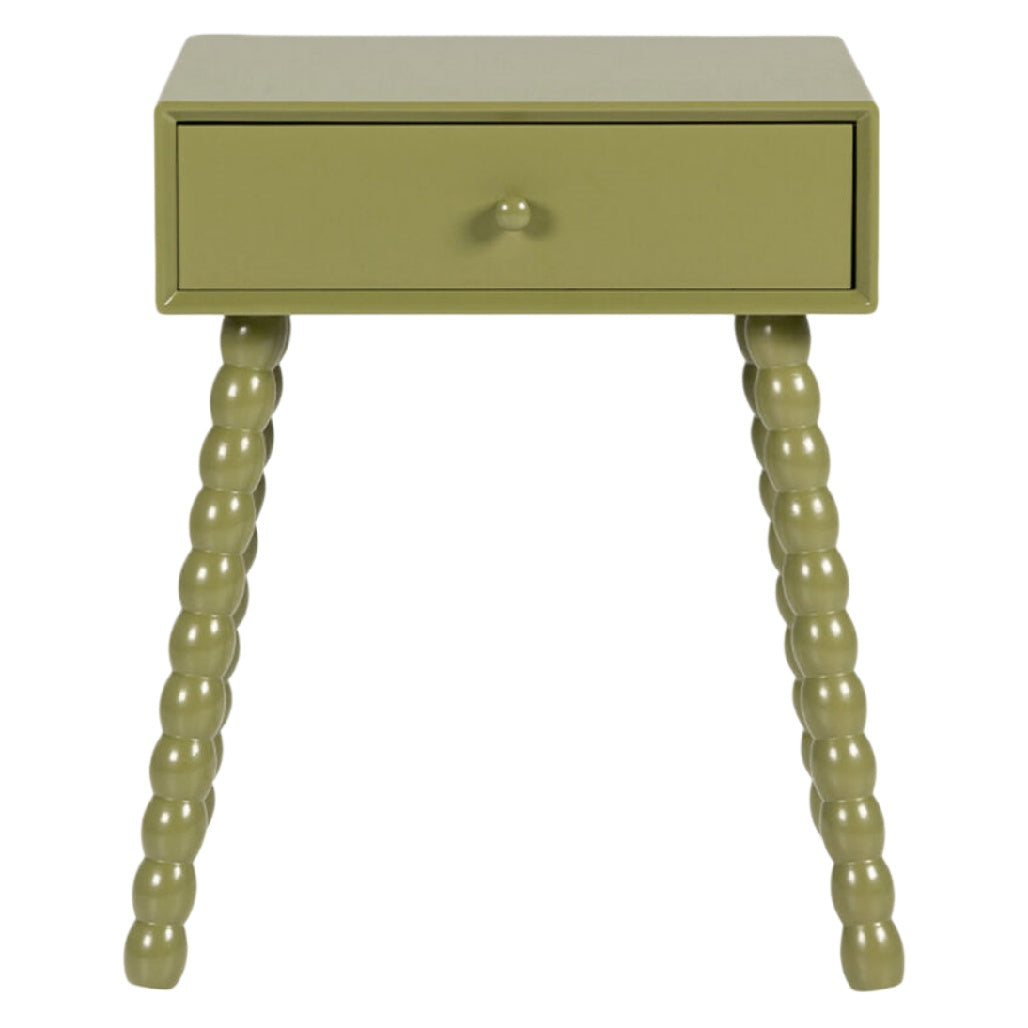 Modischer Nachttisch mit gedrehten Beinen und Schublade in Olivgrün