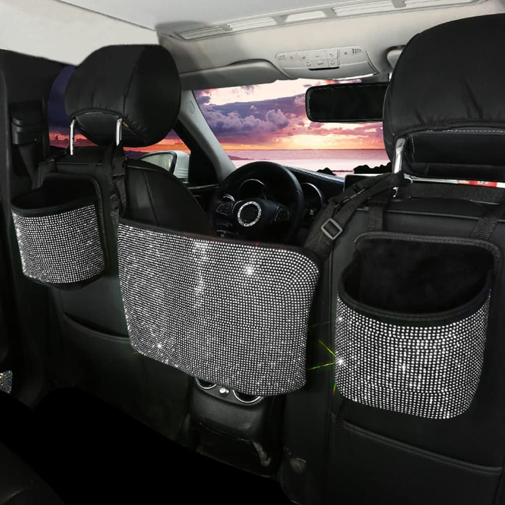 Plush,White Can,Rhinestones Pocket Handbag Between Organizer,Car Net Car Holder StorageTrash Bling Accessories Backseat eing Seat,Back Storage Car Auto Seat - Seat Bag,3-Pack