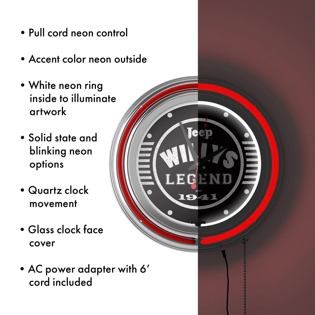 Black Garage, Double or Man Wall Accessories Clock-Jeep Pull Chain-Pub, Clock Cave Willys Legend Analog with Neon (Red) Rung