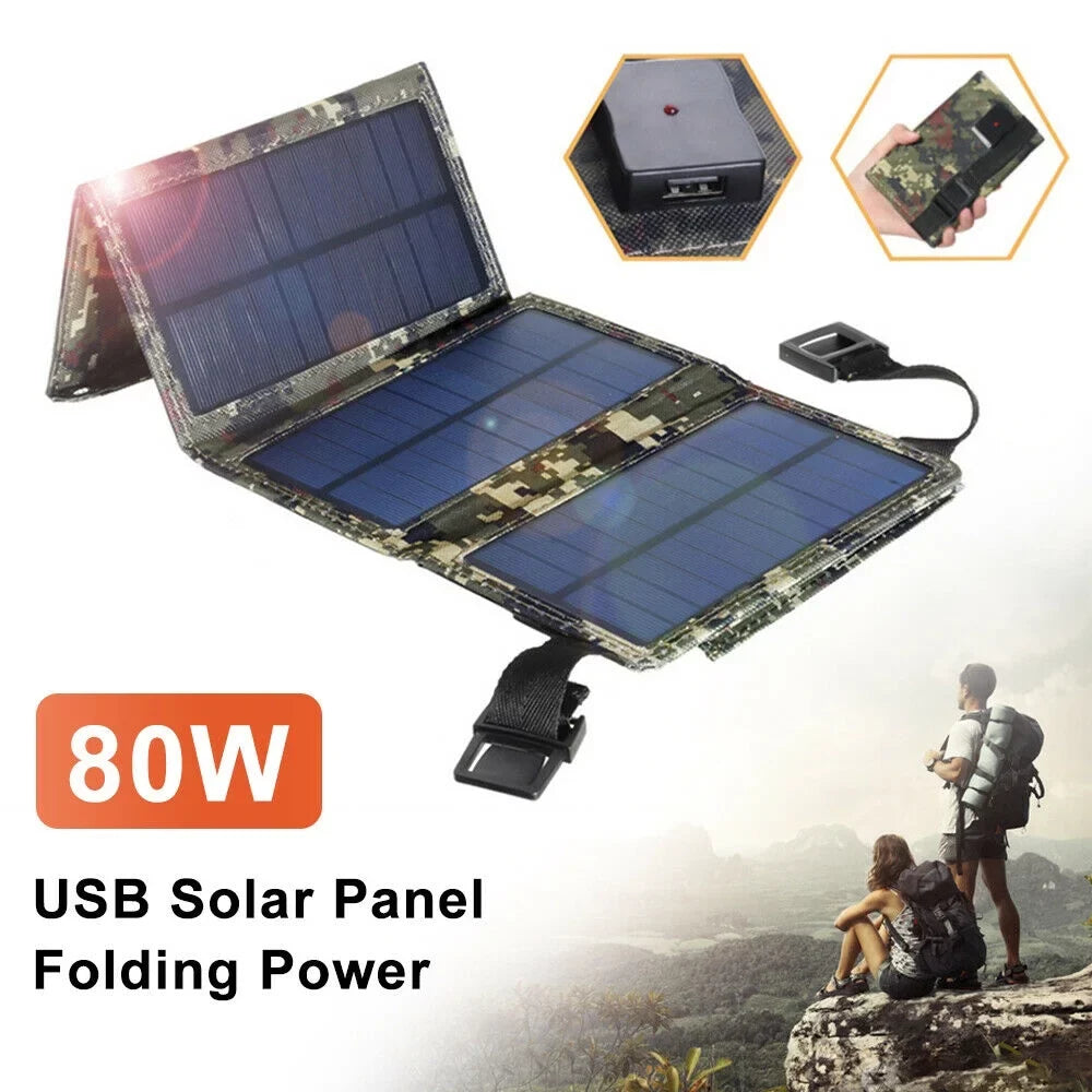 Charger Phone Bank Panel Folding Camping Power Solar Outdoor Hiking 80W