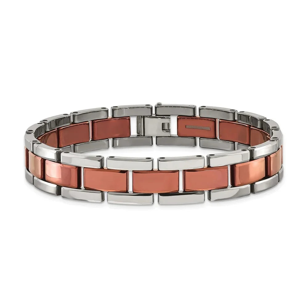 The Tungsten Men's 8.25 Bow Plated Panther Polished Brown Bracelet, In Link & Black