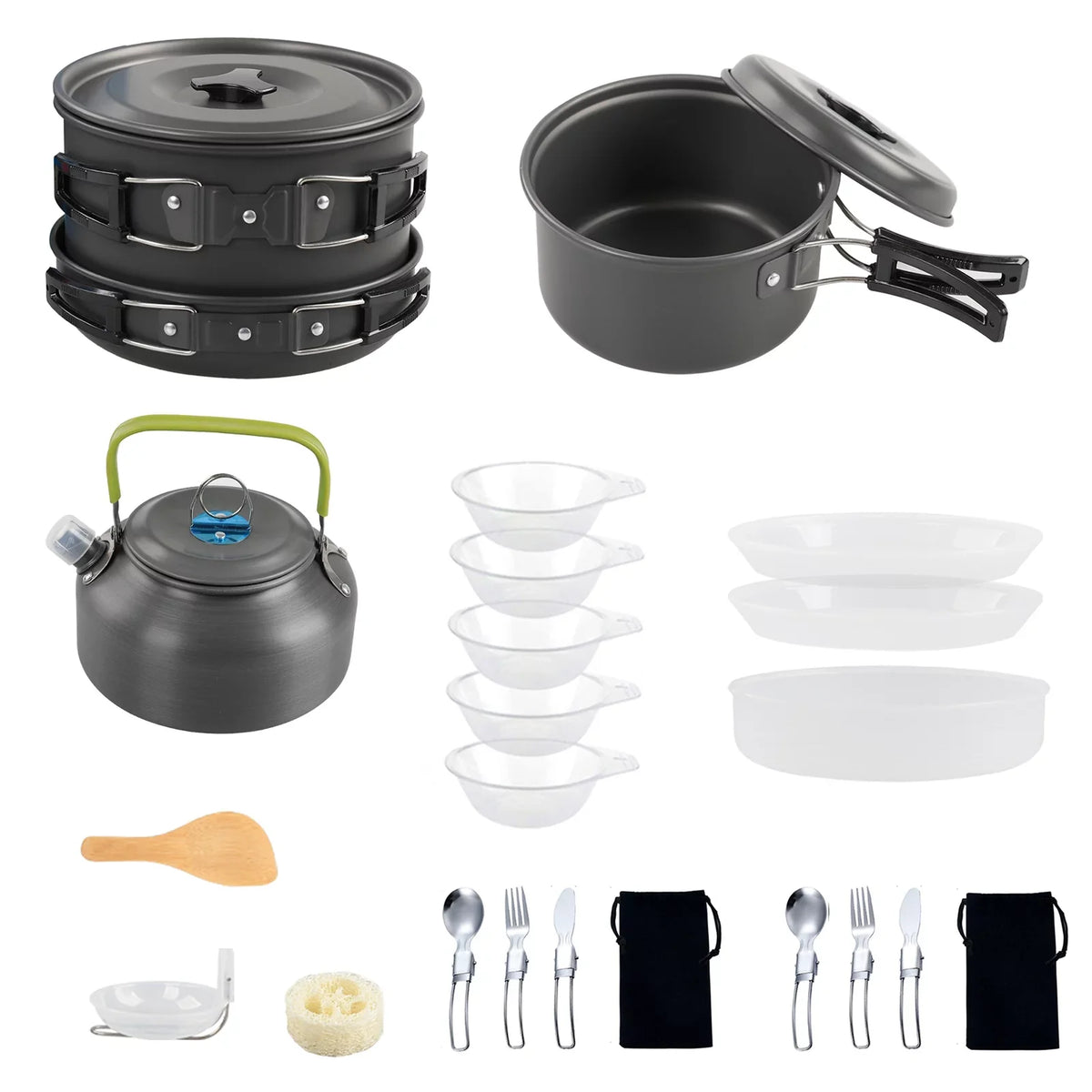 Pot Camping Anself Kit Backpacking Non Mess Kettle Cookware Set with Pan and and for Cooking Stick