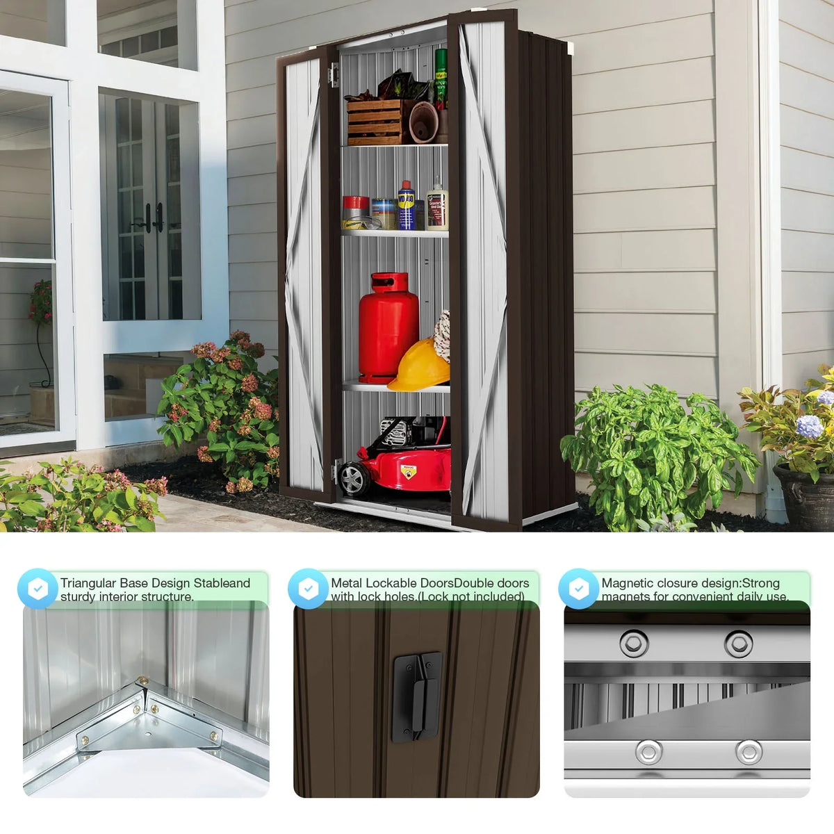 Metal Indoor for Garage& Shed Brown Cabinet Doors Outdoor/ Organizer Storage with Garden 70" in and Storage Shelves