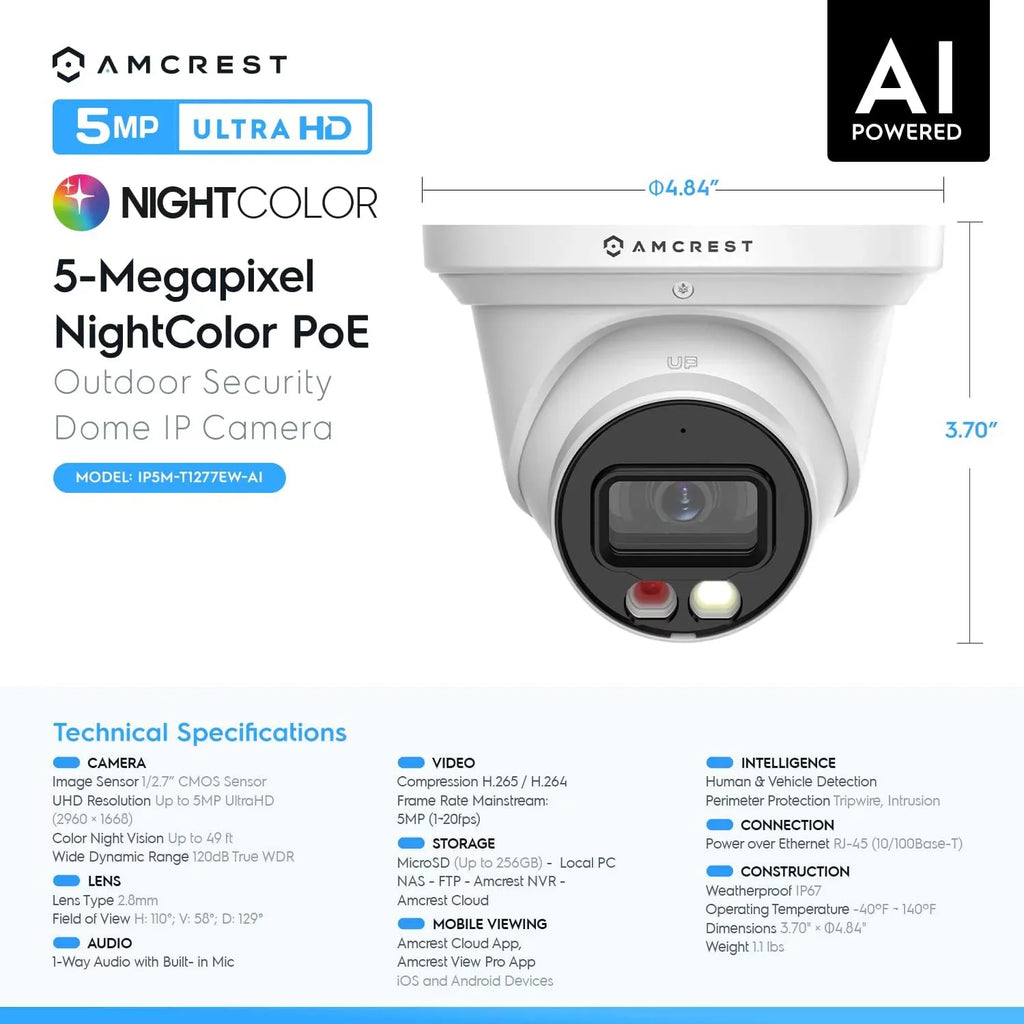 129° & Turret , Built-in Microphone, Human 164ft Nightvision, Security IP5M-T1277EW- 5MP@20fps Camera Amcrest w/ PoE Camera Detection, Vehicle Outdoor,