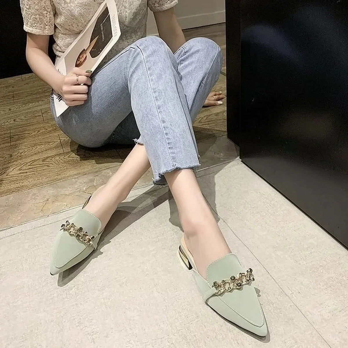 Square Slides Heels Fashion Shoes black Slides Shoe Summer Low Ladies Square Women Toe Mules Luxury Chain Slippers 37 Footwear 2023