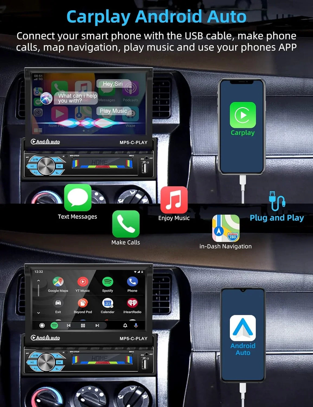 with Link,with Receivers Mirror Car Carplay Bluetooth,7 Car Stereo Phone Camera/ Port -in Auto Audio Support Out Radio,Car Flip Android Radio/Backup Inch Touchscreen