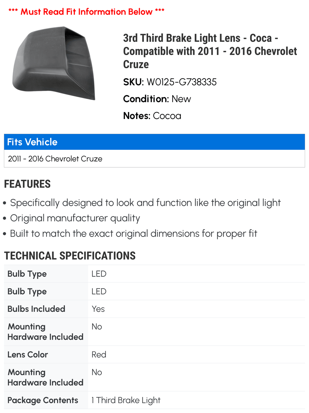 2015 - 2014 Fits - Third Chevy 2012 Brake Cruze 2013 2016 Coca 3rd with - 2011 Light Lens