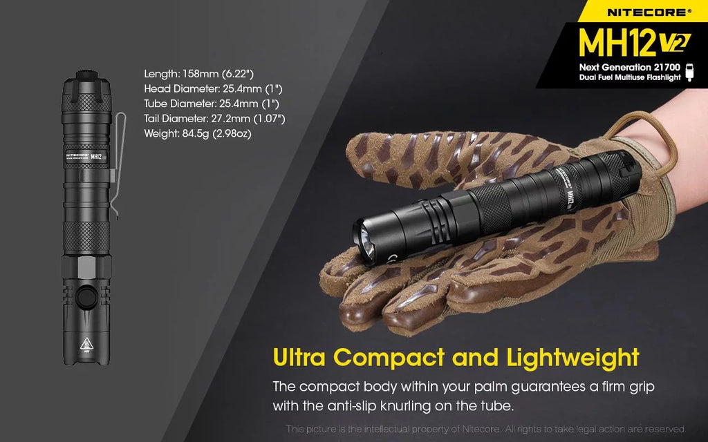 (Included) Nitecore V6 -L2 Battery -1200 Lumens V2 -21700 Flashlight MH12
