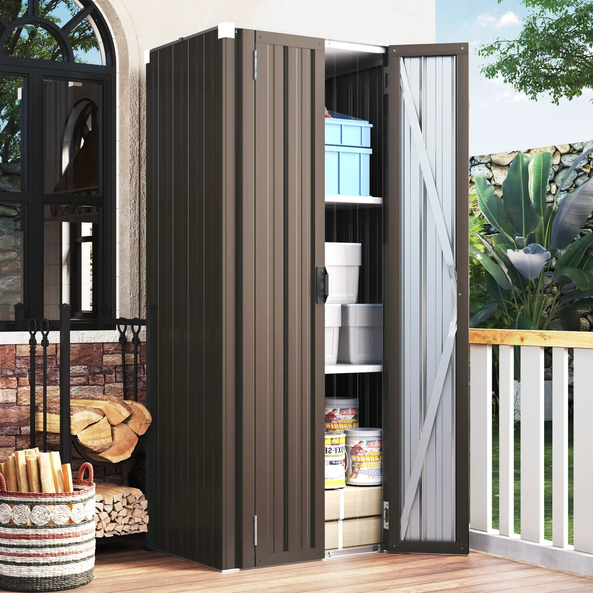 Metal Indoor for Garage& Shed Brown Cabinet Doors Outdoor/ Organizer Storage with Garden 70" in and Storage Shelves