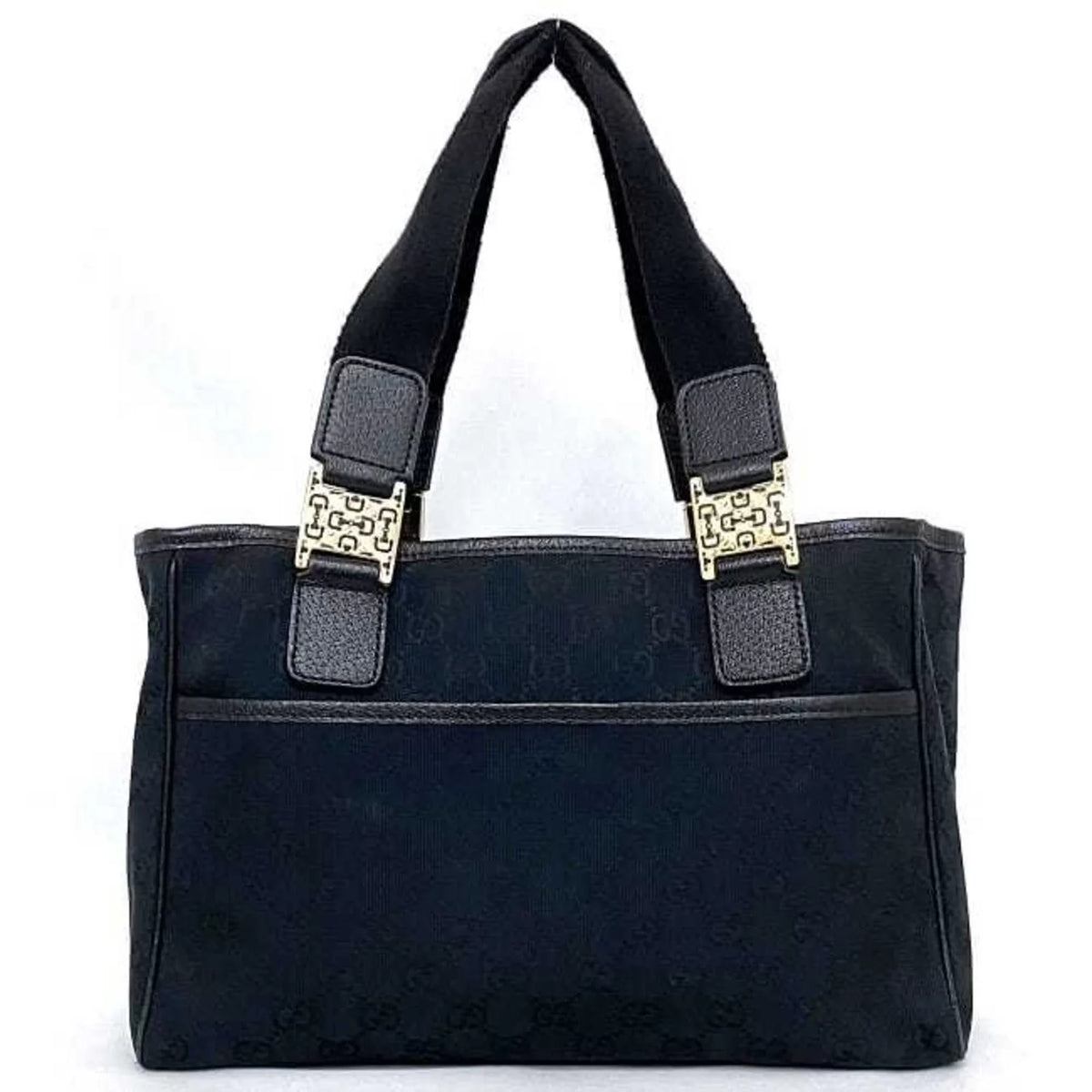 Ladies (Good) Pre-Owned Horsebit Tote Black Bag Handbag Gucci Silver Leather 145810 Canvas