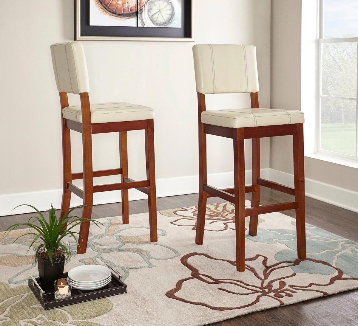Walnut Cream Fabric Height, 30" Medium Bar Linon Stool, Finish Mulberry Padded Dark with Seat