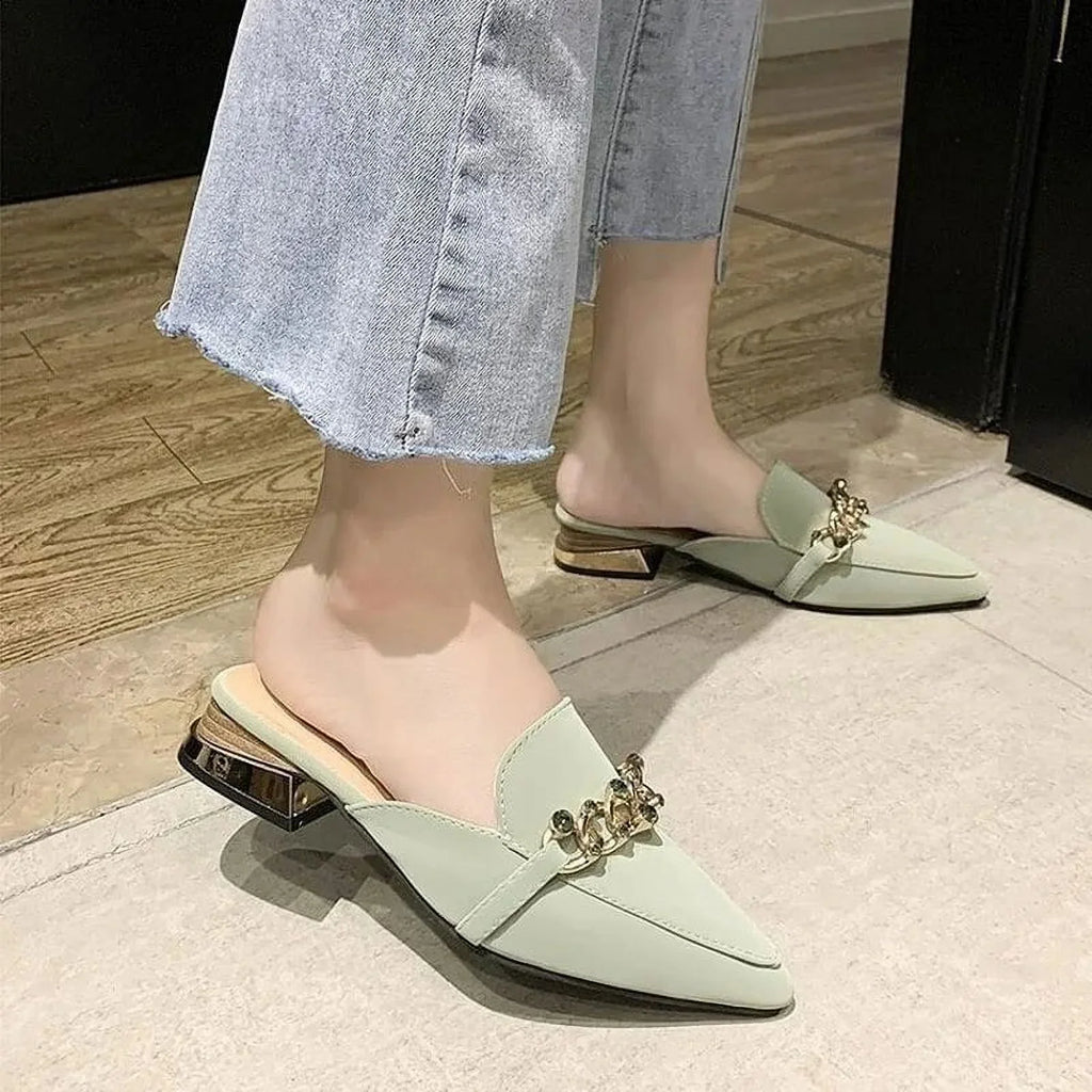 Square Slides Heels Fashion Shoes black Slides Shoe Summer Low Ladies Square Women Toe Mules Luxury Chain Slippers 37 Footwear 2023