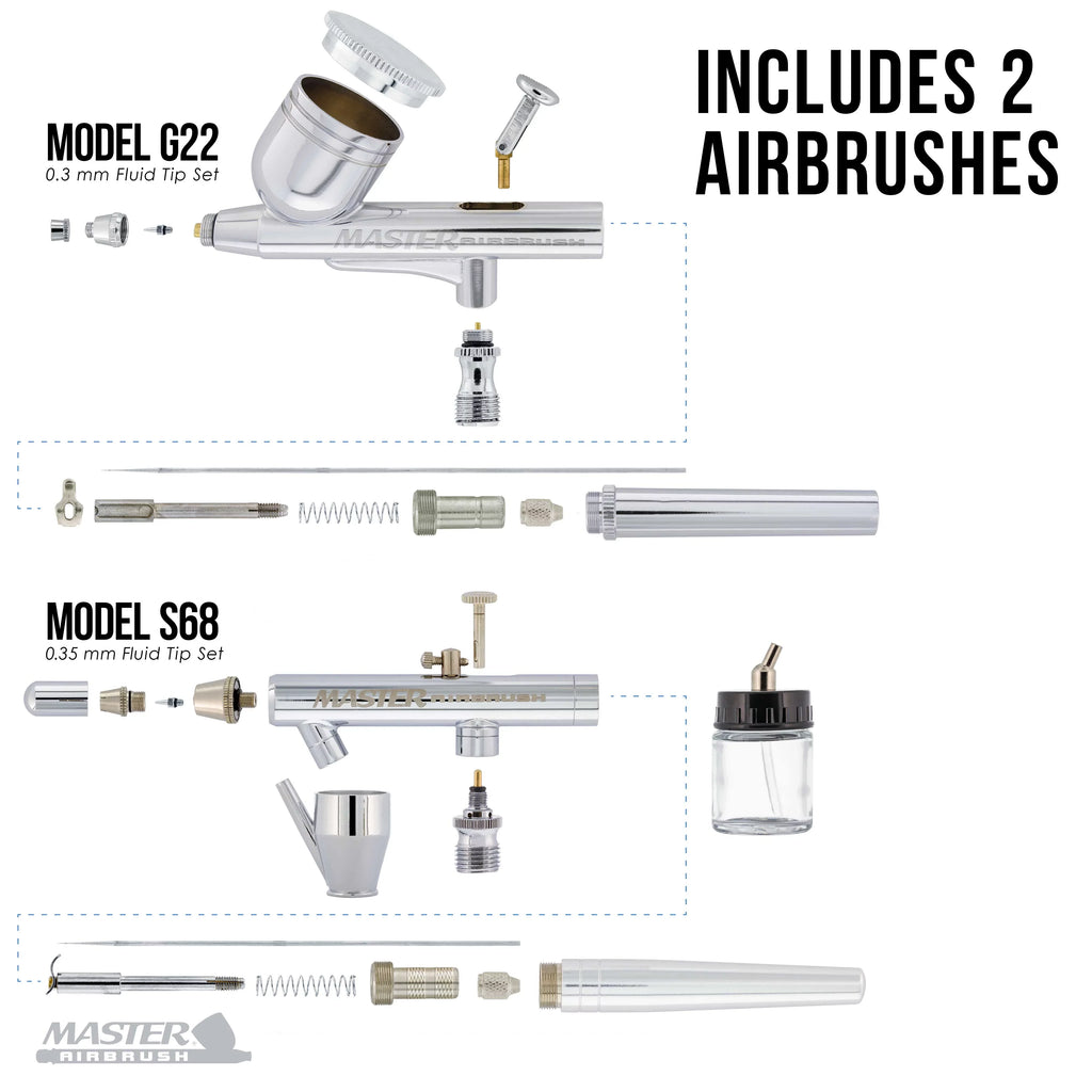 Master Airbrush Kit Colors -20, Wicked Master Createx with E91 Air & Hose 6 S68, Professional Compressor G22,