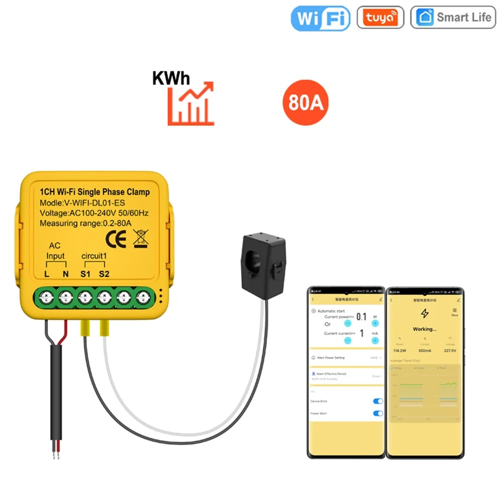 Clamp 80a 80a Smart Automatic Meter Phase Clamp regulator,Statistics Current 100-240v Solar Consumption Meter 50/60hz Wifi 2. Smart voltage Solar Andoer Clamp Solar