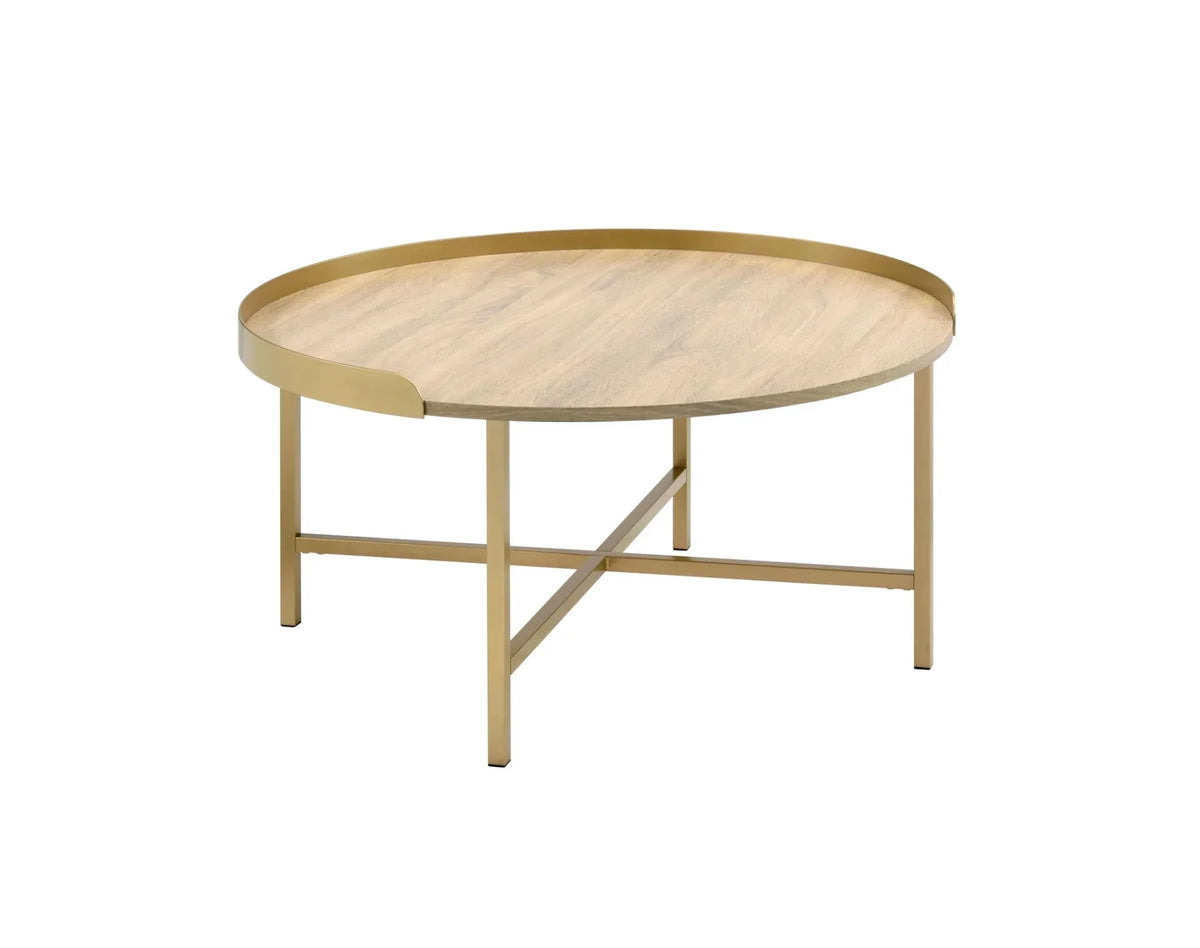 Oak x Metal in. Wood HomeRoots & Round 490508 34 Gold Manufactured Coffee & 18 34 Table x