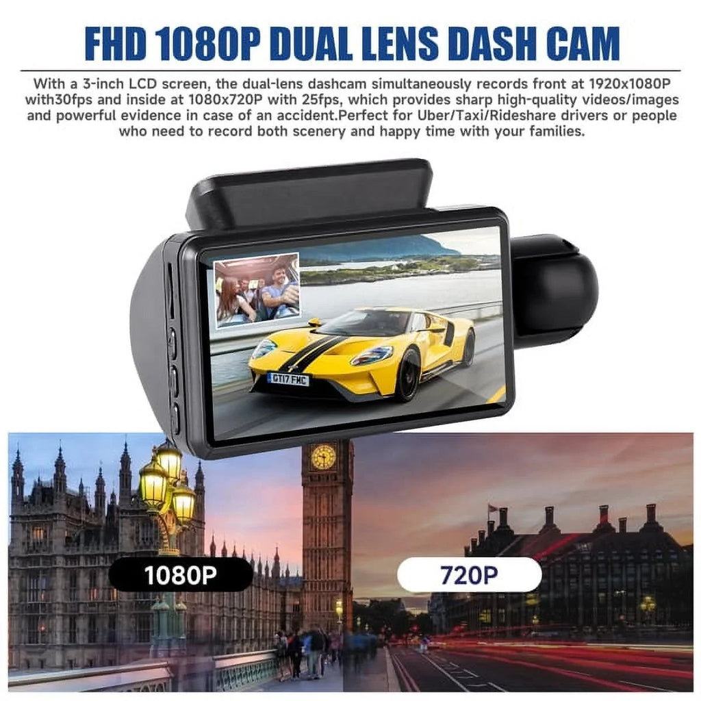 Dash Camera 1080P G-Sensor Dash Loop Vision Wide Angle Recordin Front Night Cam and 170° Rear