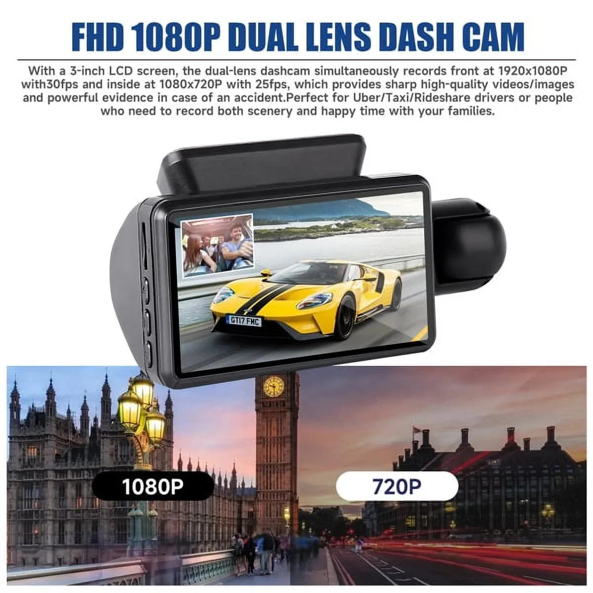 Dash Camera 1080P G-Sensor Dash Loop Vision Wide Angle Recordin Front Night Cam and 170° Rear