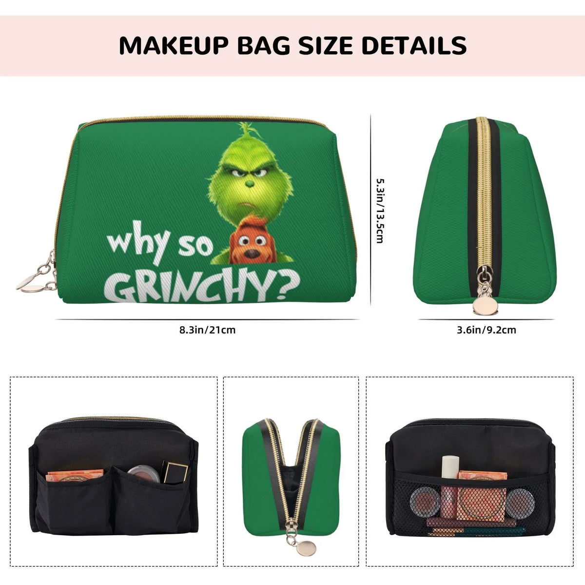 Travel Toiletry Funny Bag Makeup Purse Gift Pouch Leather Cosmetic Organizer Portable Bag Grinch Storage