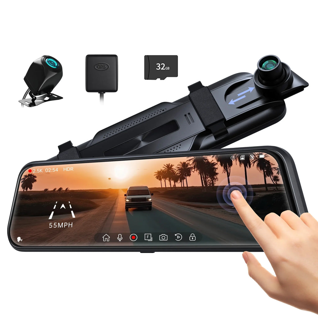 with Monitor Cars&Trucks, Mirror Camera Mode, Parking 32GB 24H include Cam, and 10" Vision, Driving Free Pelsee Rear View Voice for Card Dash w/ Assistant 2.5K Control, Smart Mirror Night