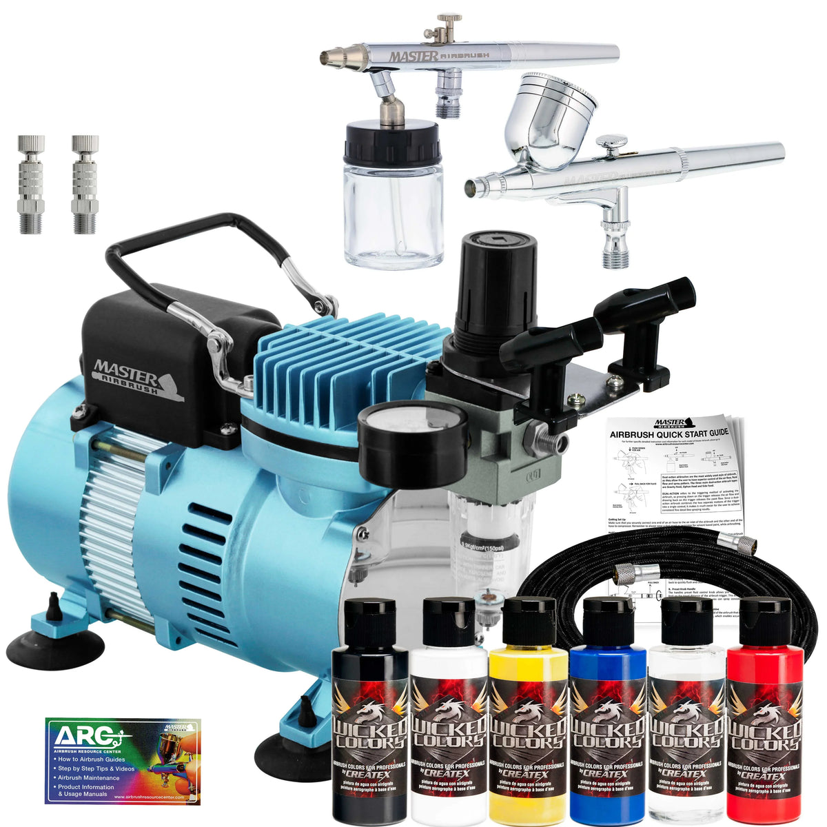 Master Airbrush Kit Colors -20, Wicked Master Createx with E91 Air & Hose 6 S68, Professional Compressor G22,